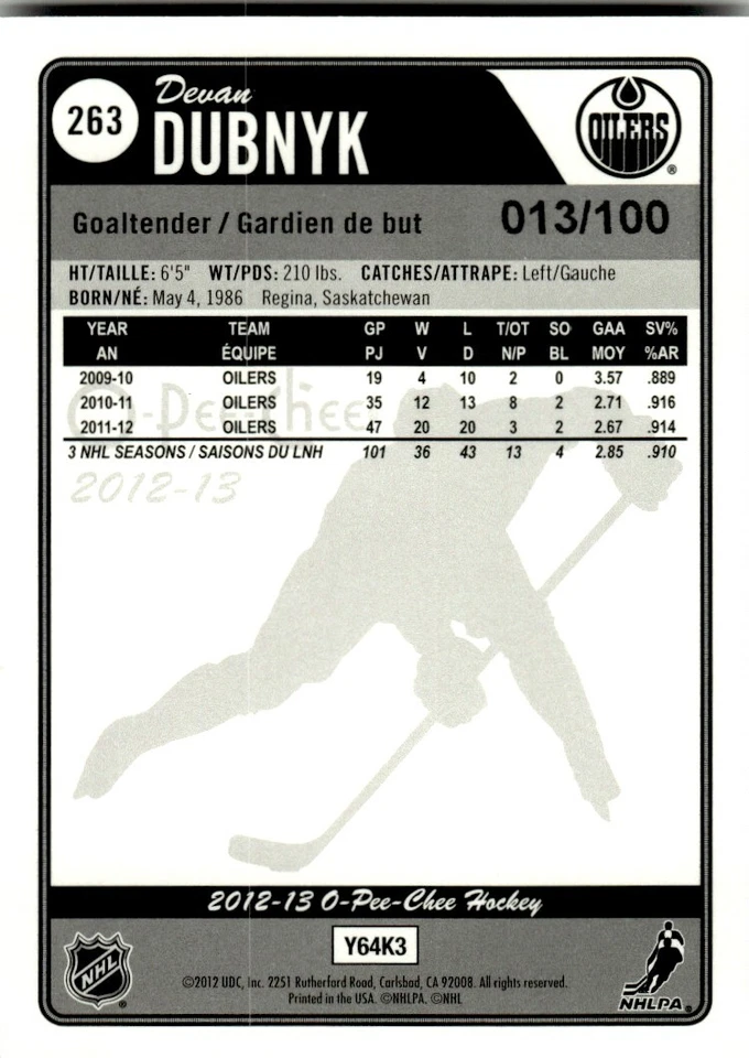 2012-13 O-Pee-Chee Black Rainbow Devan Dubnyk /100 Edmonton Oilers #263 - Image 2 of 2