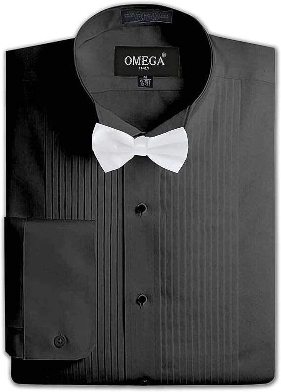 Mens Wing collar Tuxedo BLACK Dress Shirt with a Bowtie, 1/4 pleat