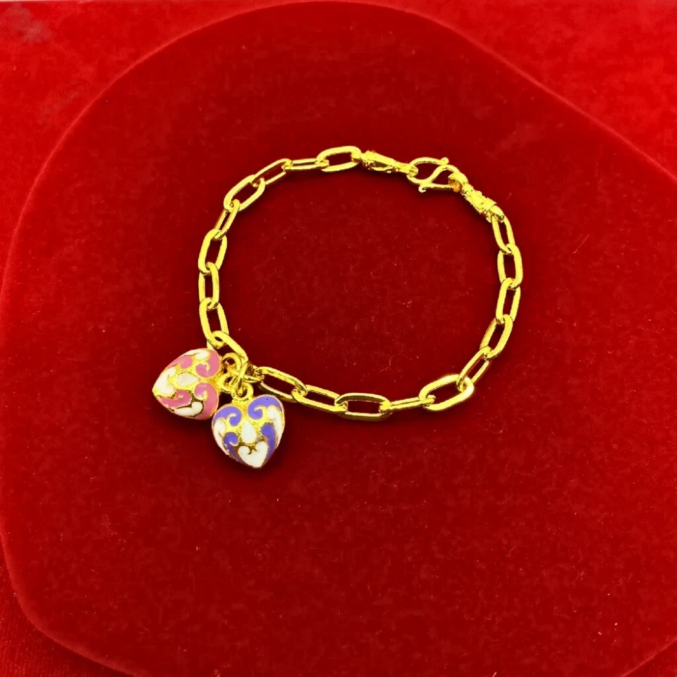Bracelet Chain Double Heart Pendant 23k 24k Thai Baht Gold Plated Jewelry Women - Image 3 of 4