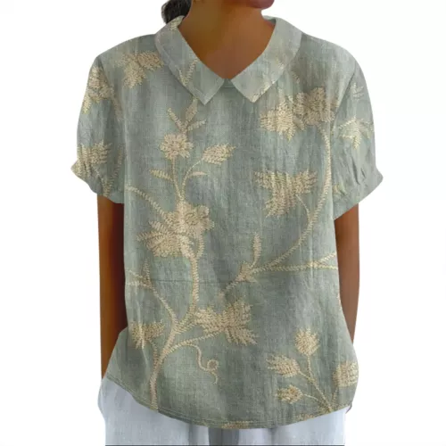 Damen Puppenkragen Hemd Baumwolle Leinen Blumenmuster Peter Pan Kragen Ärmel Shirts - Bild 24 von 56
