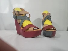 Kork-Ease Hailey Leather Platform Wedge Colorblock Strappy Sandals Women Sz 7