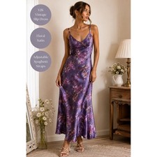 Y2K Slip Dress Purple Floral Satin Adjustable Straps Coquette Fairycore