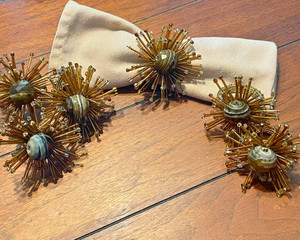 Set of 6 Atomic Starburst Napkin Rings Gold Beaded w/Faceted Stone Mid-Century