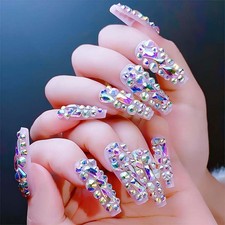 3D Crystal Press On Nails Long Coffin False Nails with Rhinestones Designs