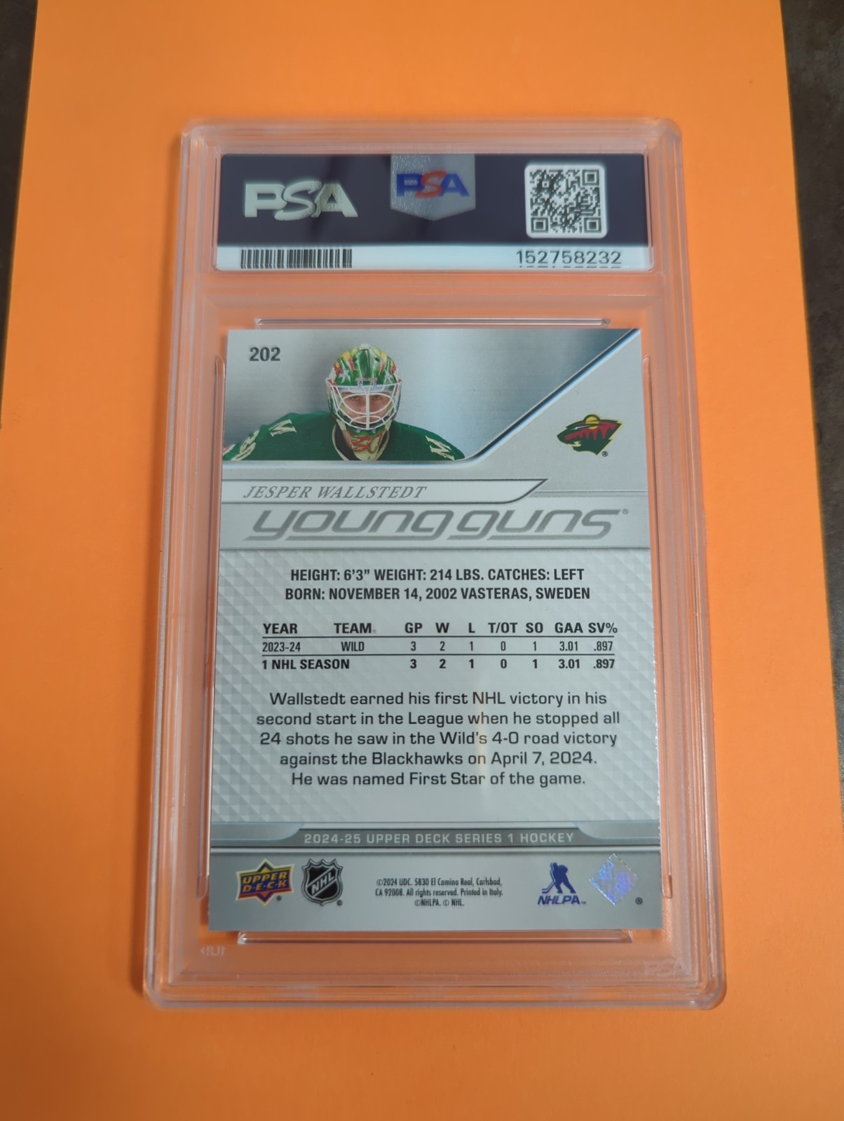 Jesper Wallstedt Young Guns PSA 9 2024 Upper Deck Series 1 #202