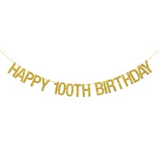 Happy 100th Birthday Banner - Gold Glitter 100th Sign Letters Hang Bunting - ...