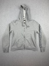 bebe sport Womens Full Zip Hoodie L Heather Gray Sleeve Logo Striped