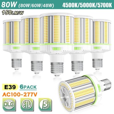 6Pack 80W Led Corn Cob Light Bulb E39 Indoor Outdoor Lights for Garage Warehouse