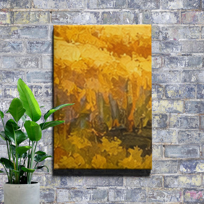 Autumn Countryside Cottage Wall Art with Winding Creek and Wildflowers