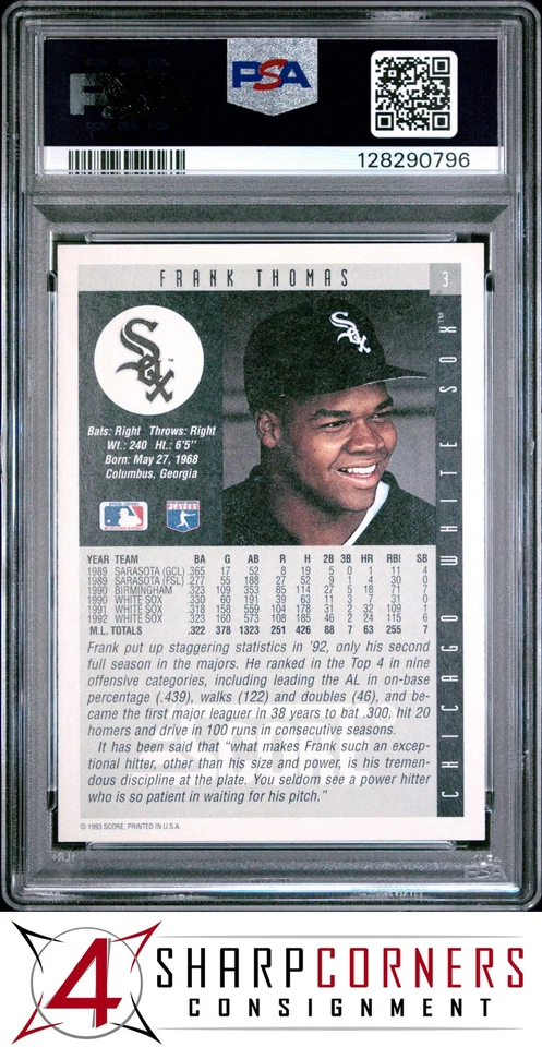 1993 SCORE #3 FRANK THOMAS WHITE SOX HOF PSA 10 - Image 2 of 3