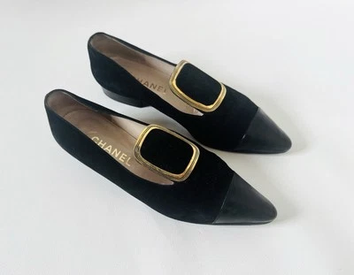 Loafers en cuir velours noir CHANEL vintage 1990s - Pointure 38 - Photo 1/4