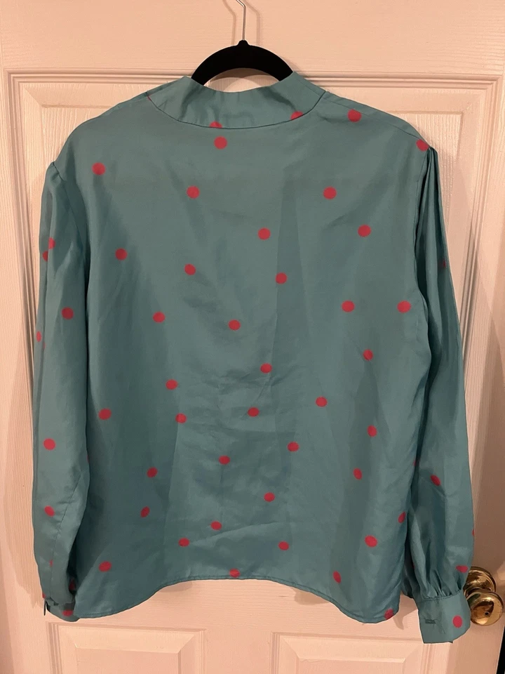 Blusa Vintage Cosida a Mano Años 70 Azul Turquesa Rosa Caliente Lunares Talla M Foto 2 de 4