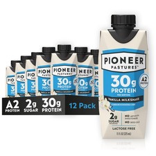 Pioneer Pastures A2 Protein Milkshake Vanilla 11oz 12 Pack 30g Protein 7.08 per gallon