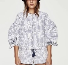 TRF Outerwear Zara Floral Overlay Blue/ White Zip Up Bomber Jacket Size L NWT