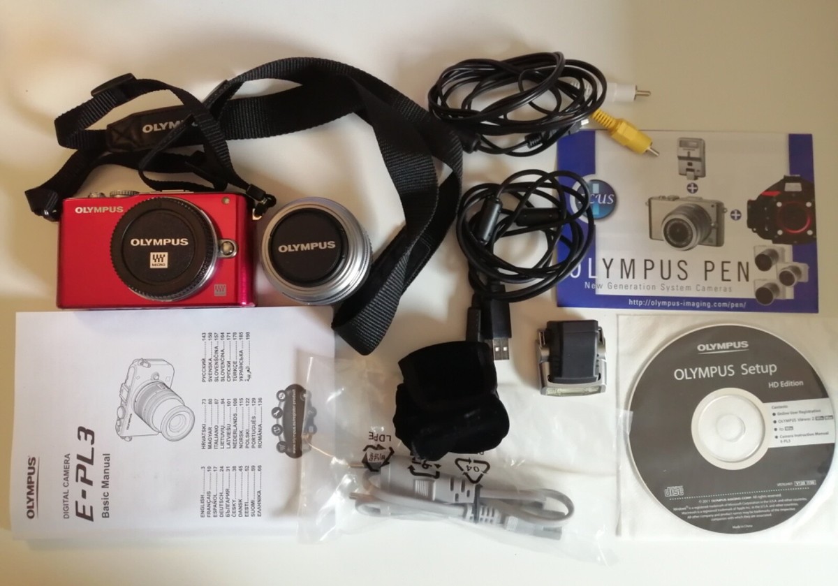 OLYMPUS Pen Lite. Brushed Metal Look. Red E-PL3 . Zoom lens. Never
