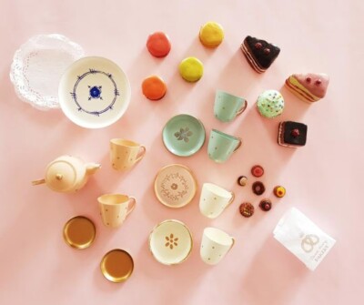 Pink mini metal colorful tea set, cakes macaroons - for Barbie, Maileg, Blythe