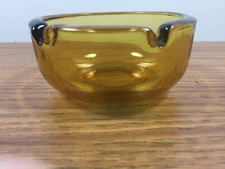 Ashtray Amber Yellow Art Glass Vintage Mid Century Modern Round 2 Slots