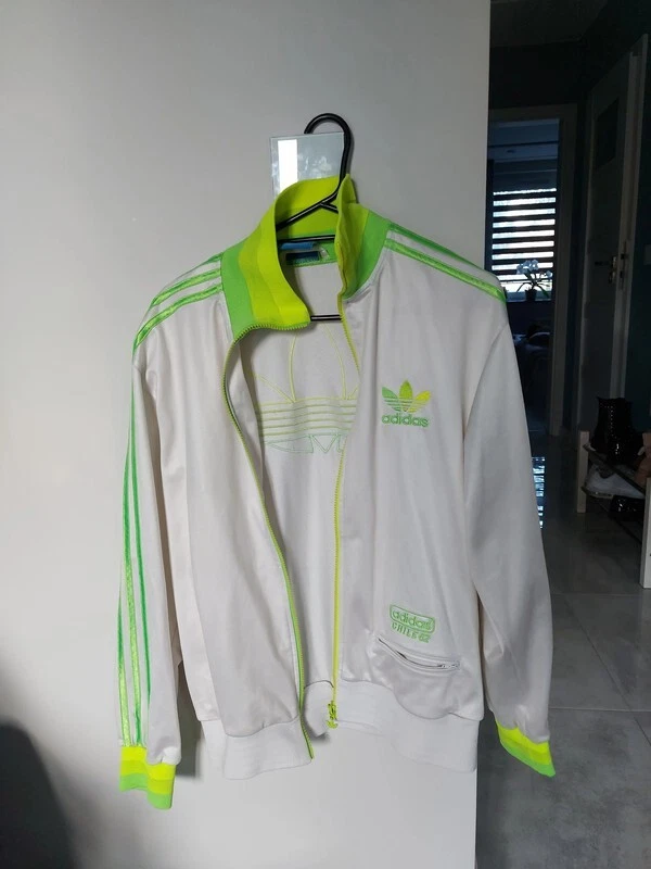 Chile 62 Jacket White Green Stripes Track Top Wet Look Shinny Sz S |