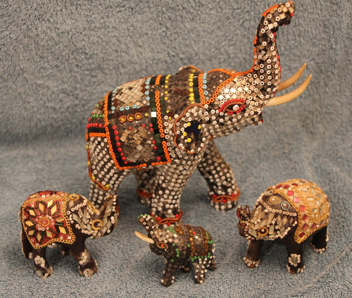 Vintage Set of 4 Elephants Jeweled Beaded Decorative Collectible Figurines