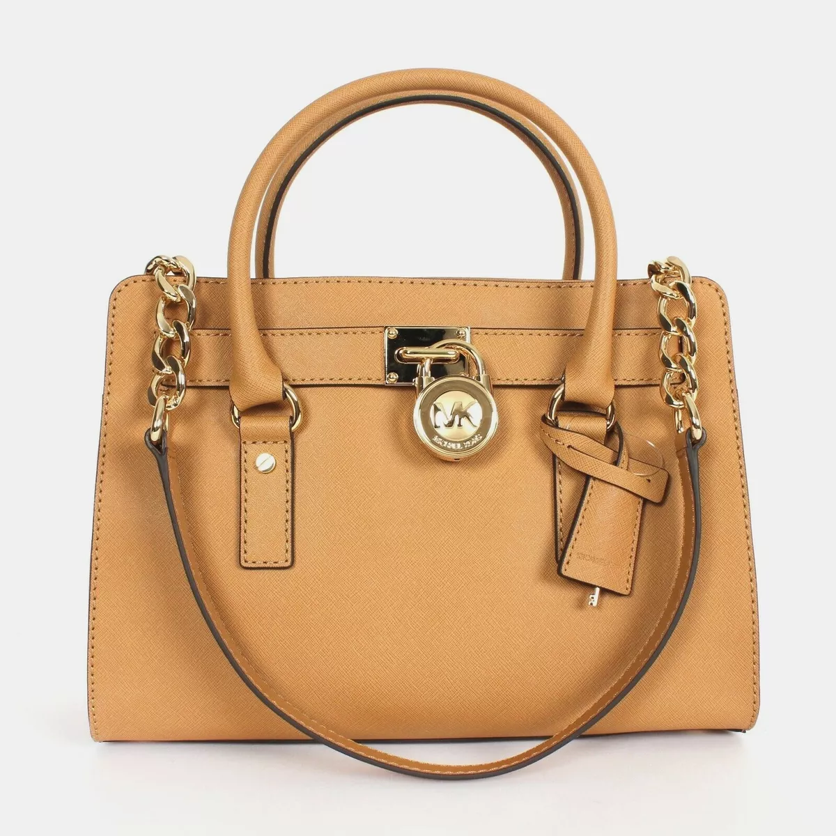 Buy the Michael Kors Saffiano Leather Hamilton Medium Satchel Tan