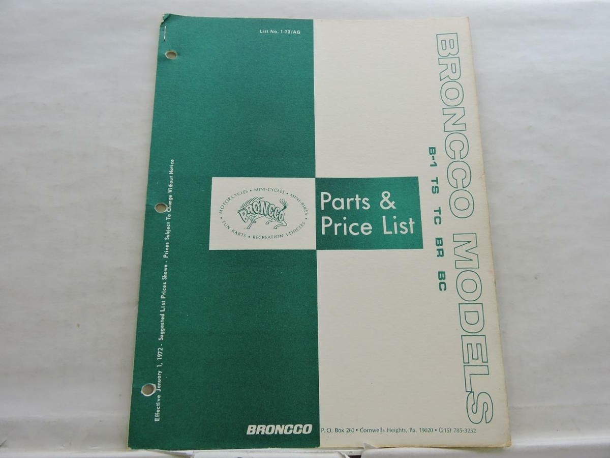 Broncco Mini Bike B-1 TS TC BR BC Parts Price List B9819