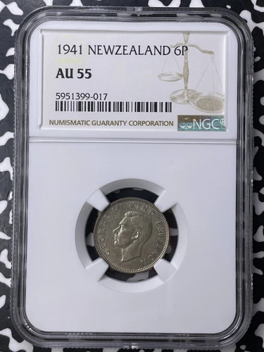 1941 New Zealand 6 Pence Sixpence NGC AU55 Lot#MK108 Silver!