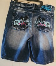 Y2K Vintage Akademiks Embroidered Denim Shorts Sz 44 Baggy Hip Hop Skater