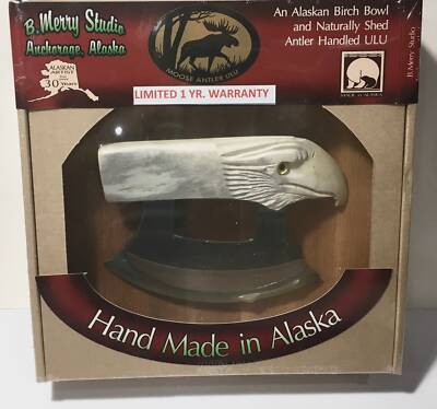 Handmade Made in ALASKA Natural Moose Antler EAGLE Ulu Knife Birch Wood Chopping