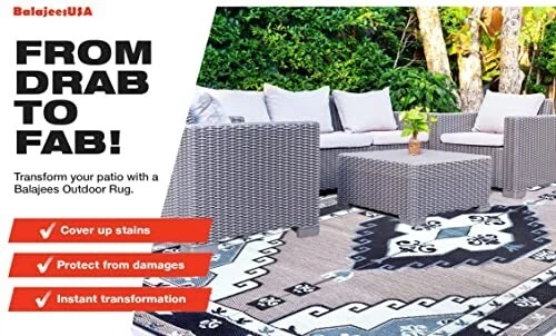 Alfombra de exterior 6x9 reversible patio plástico alfombra de paja RV camping picnic usada4 fotos Foto 4 de 4