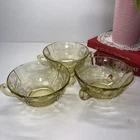 Vintage Federal Glass Madrid Yellow Depression Cream Soup Bowls With Handles X3