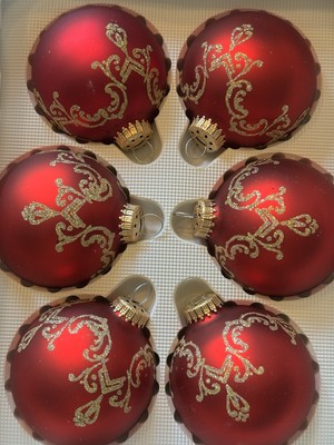 Christmas by Krebs Elegant Glass Bulbs Crowns 3.5'' Set 6 Red & Gold Stenciled