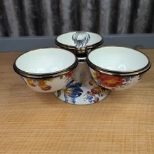MacKenzie Childs Flower Market White Enamel Triplicity 3 Bowl Serving Dish