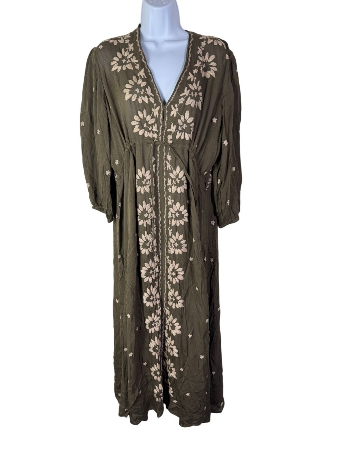 Free People Floral Embroidered Fable Boho Midi Dress Olive 3/4 Sleeve size Large