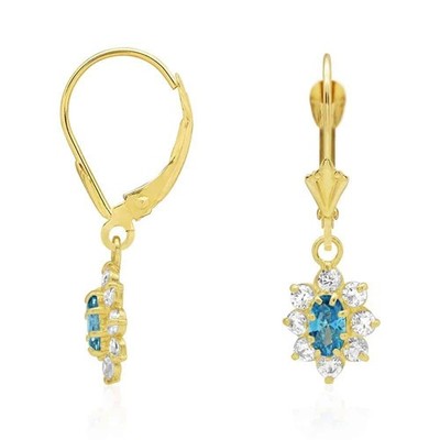 14K Yellow Gold Oval Shaped CZ Halo Leverback Earrings