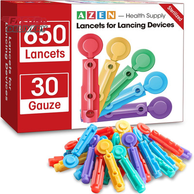 AZEN 650 Pcs Lancets for Diabetes Testing, 30 Gauge Multicolored Blood Sugar Lan