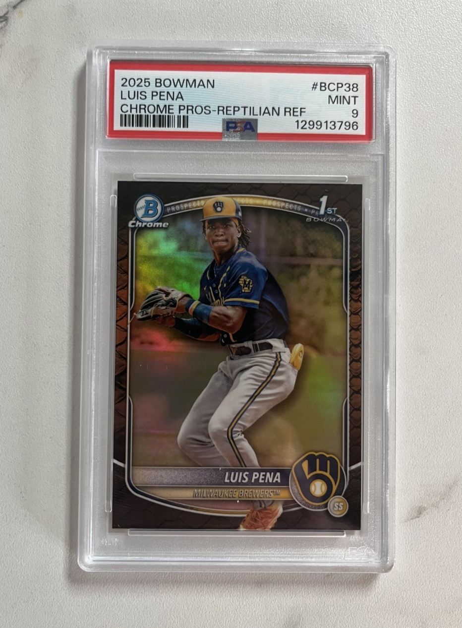 2025 BOWMAN BCP-38 LUIS PENA CHROME REPTILIAN REFRACTOR PSA 9 MINT BREWERS