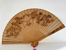 Vintage Asian Wood Carved Dragon Folding Hand Fan Ornate Bamboo Art Decor