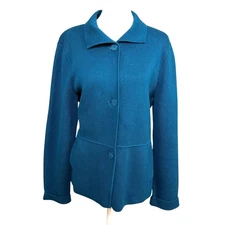 Talbots L Knit Sweater Jacket Button Up Teal Pockets 100% Cotton Coatigan