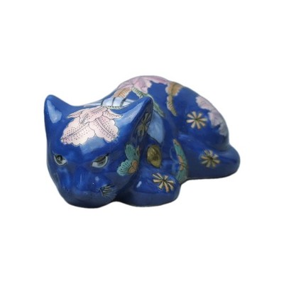 Schlafende Keramik Katze blau Blumen bemalt Vintage 8,5'' Figur