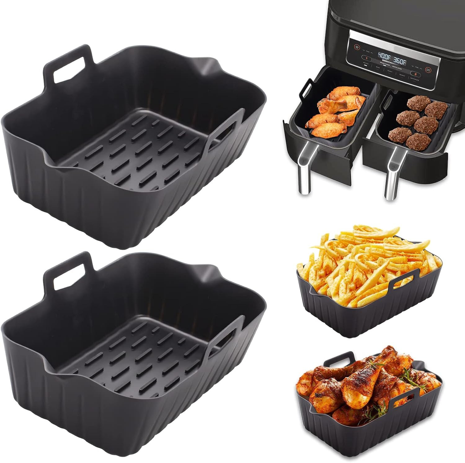 Set 2 Contenitori Silicone Friggitrice Aria Doppio Cestello Antiaderenti