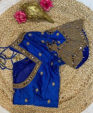40” Size 10 Aari Worked Sari Blouse Indian Saree Top Silk Blue B92