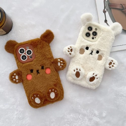 Plush Case For iPhone Samsung Warm Bear Doll Pet Cartoon Girl Fluffy Phone Cover