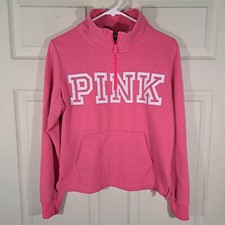 PINK Victoria  s Secret Sweatshirt Womens Size M Pink 1/4 Zip Graphic Print Logo