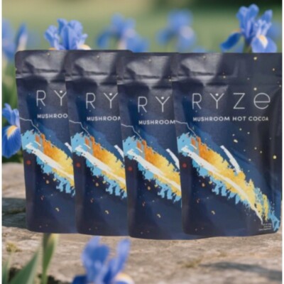 4 PACK RYZE Organic Mushroom Hot Cocoa Coffee W/ 4 RYZE Spoon- 20 Servings++
