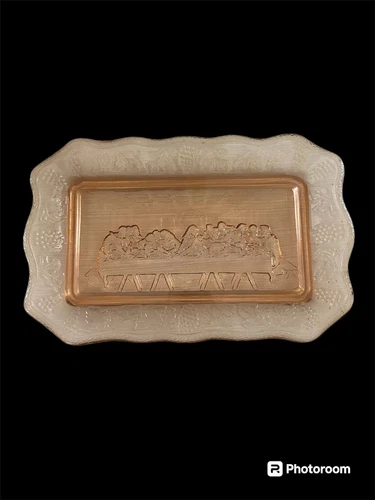 The Last Supper Vintage Tiara Indiana Glass Bread Plate Tray Pink 11" x 7"