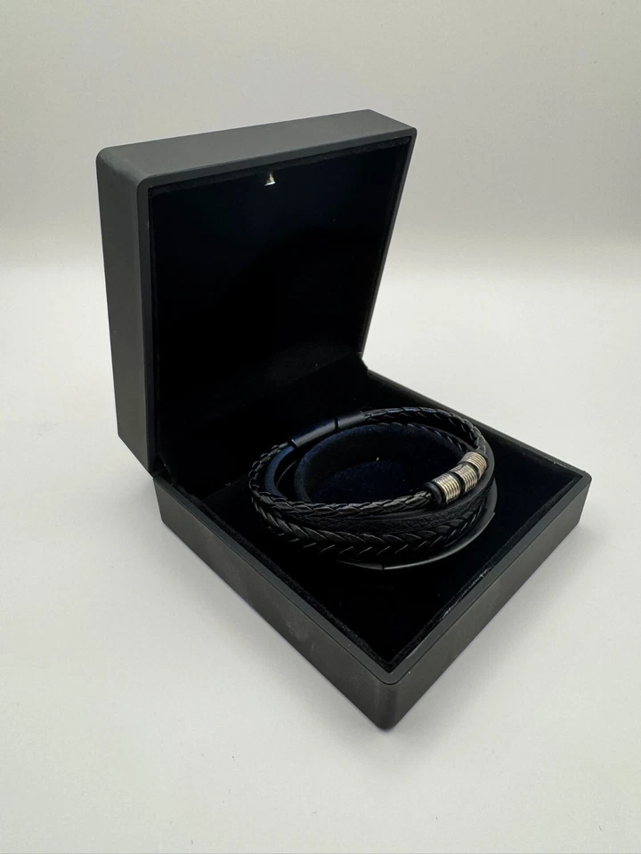 Lederarmband Schwarz 21cm mehrreihig geflochten – Magnetverschluss Edelstahl - Bild 3 von 4