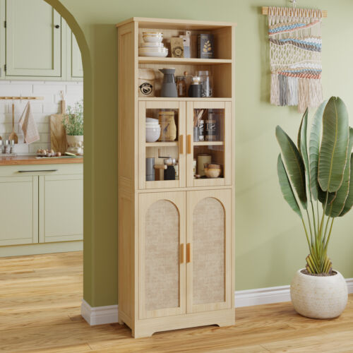 67" Tall Kitchen Wood Storage Cabinet Pantry Cupboard with 4 Doors & 6 Shelves