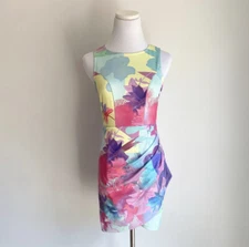 Multicolored Sleeveless Asymmetric Side Pleat Mini Sheath Dress, Women’s Size S