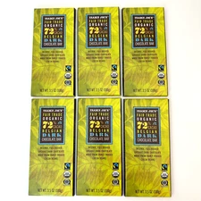 6 X Trader Joe's Fair Trade Organic 72% Cacao Belgian Dark Chocolate Bar