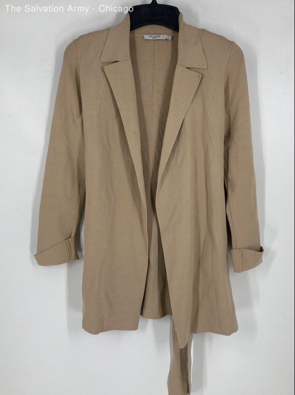 M.M. Lafleur Womens Beige Long Sleeve Collared Belted Open Front Overcoat Size M
